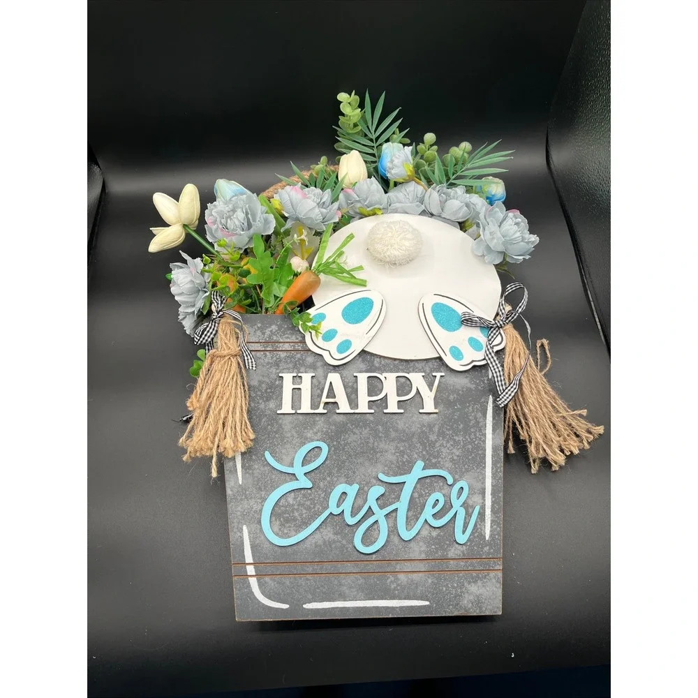 Happy Easter Bunny Bucket Wall Decor Floral Rustic 20.5